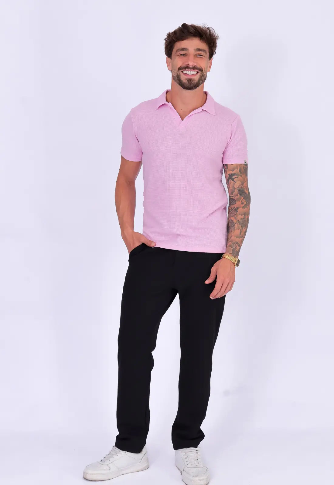 Camisa Polo Italiana Tricot Rosa Claro
