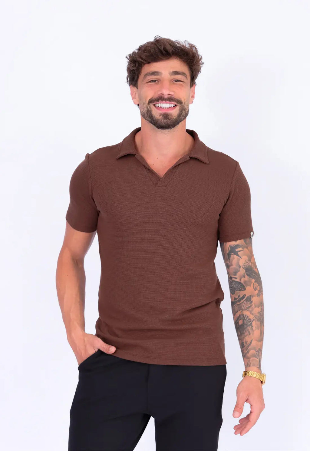 Camisa Polo Italiana Tricot Marrom Café