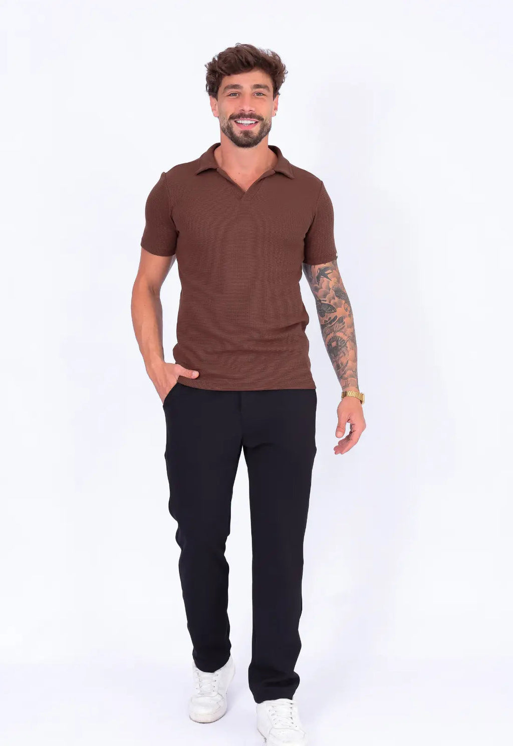 Camisa Polo Italiana Tricot Marrom Café