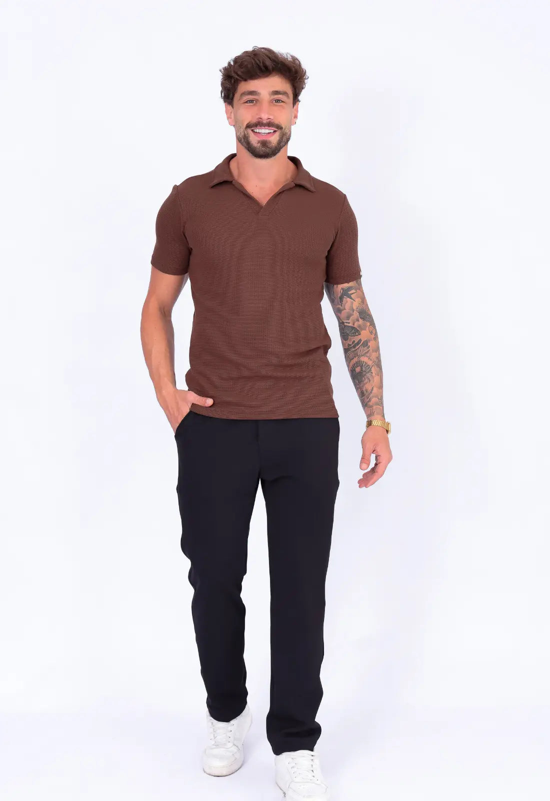 Camisa Polo Italiana Tricot Marrom Café