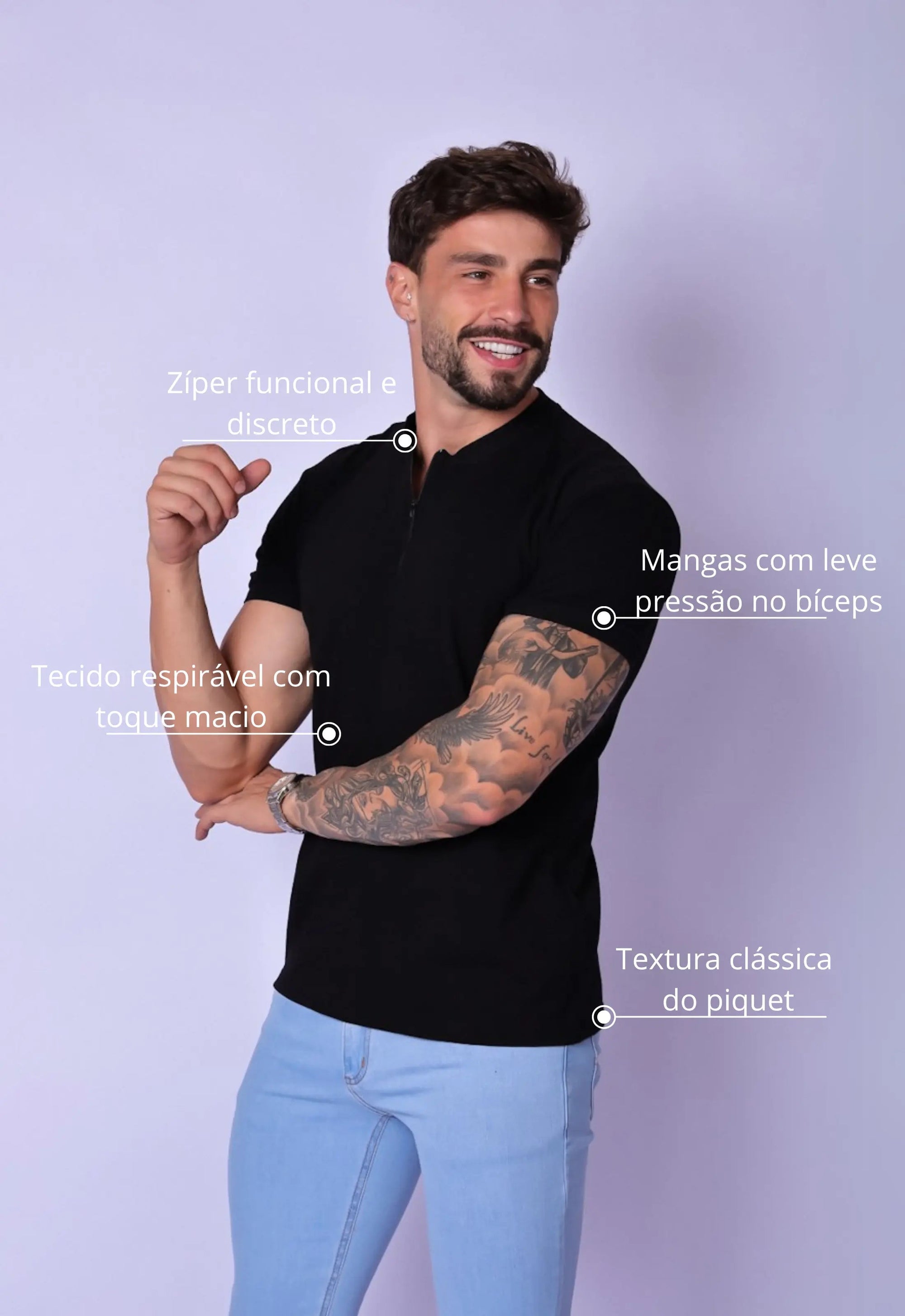 Camiseta Gola Padre Zíper Preta