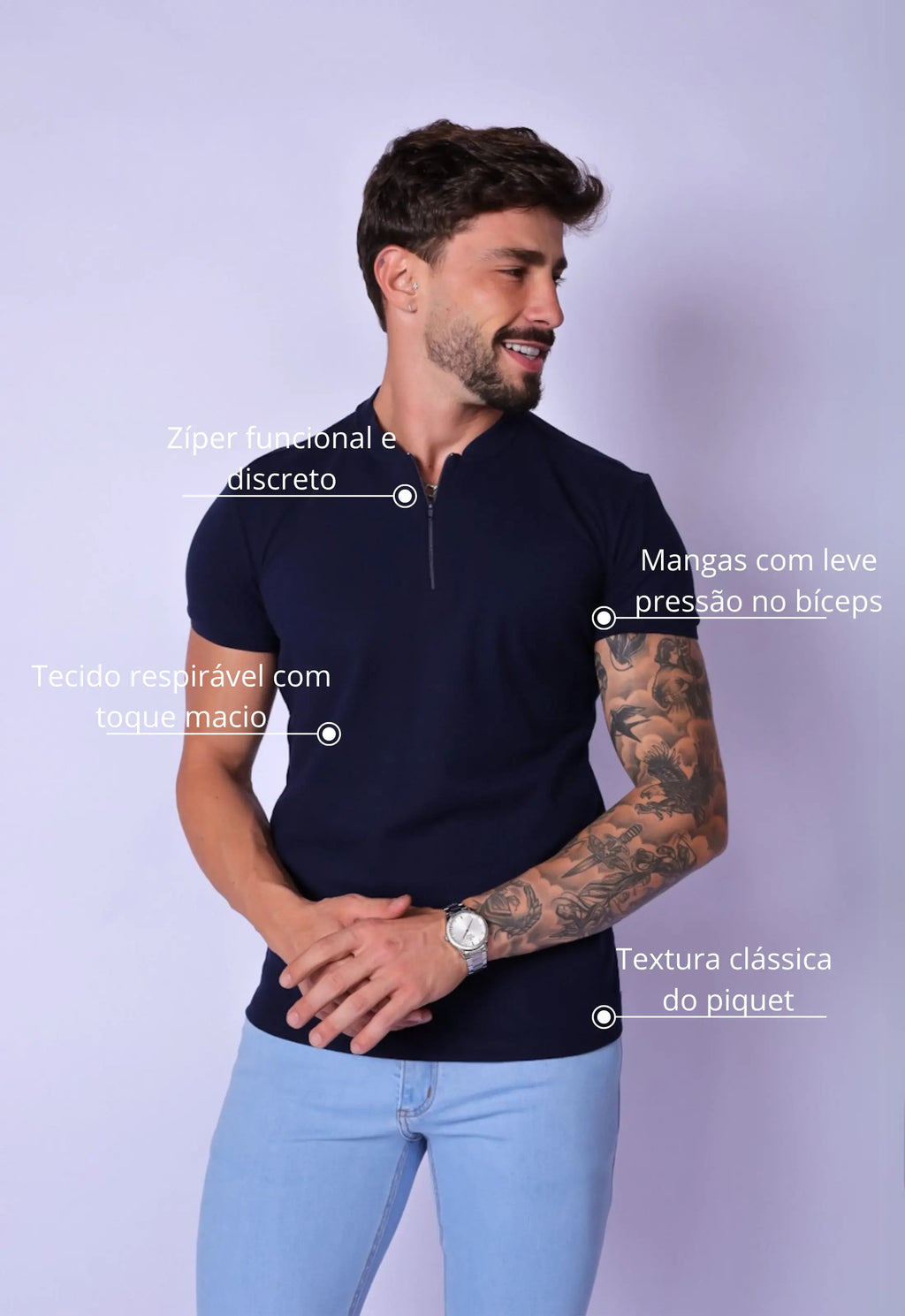 Camiseta Gola Padre Zíper Azul Marinho