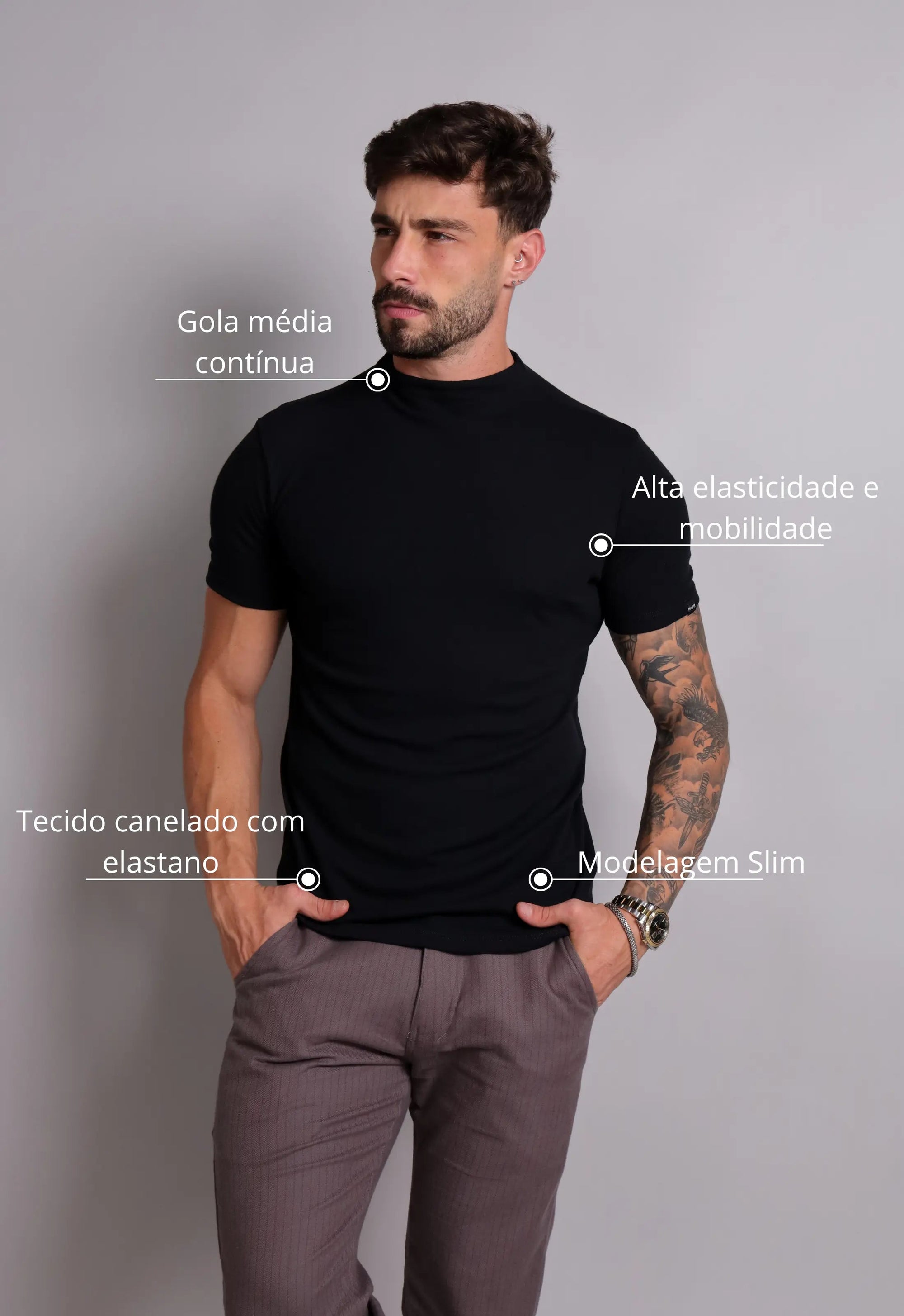 Camiseta Slim Gola Média Preta