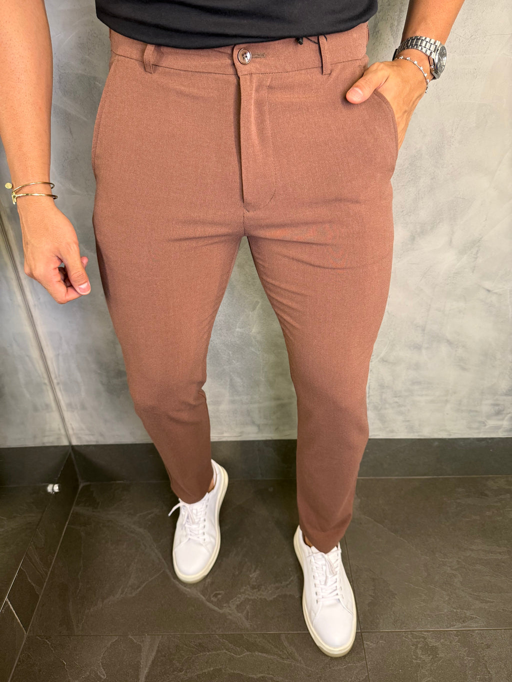 Calça Alf. Slim Stretch C/ Ajuste Botão Ponto H Café