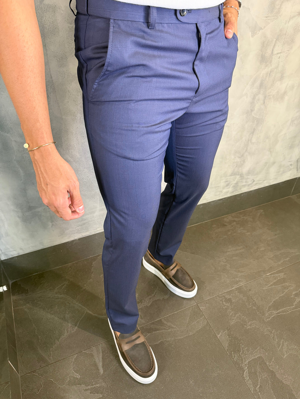 Calça Alf Slim Xadrez Cintura Elástica Ponto H Marinho