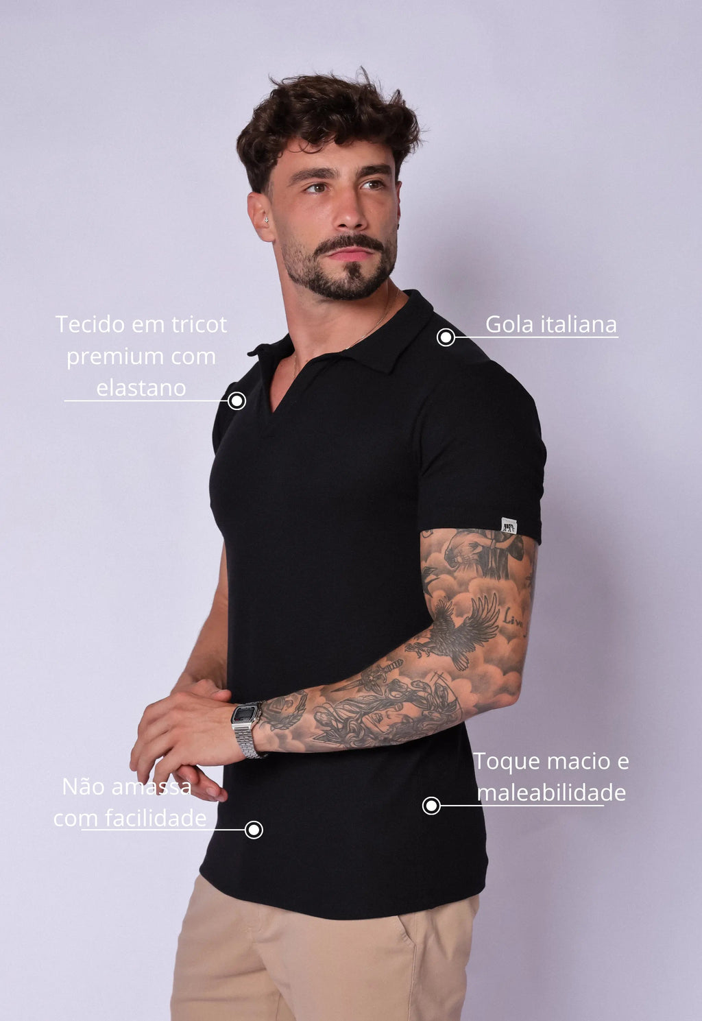 Camisa Polo Italiana Tricot Preta
