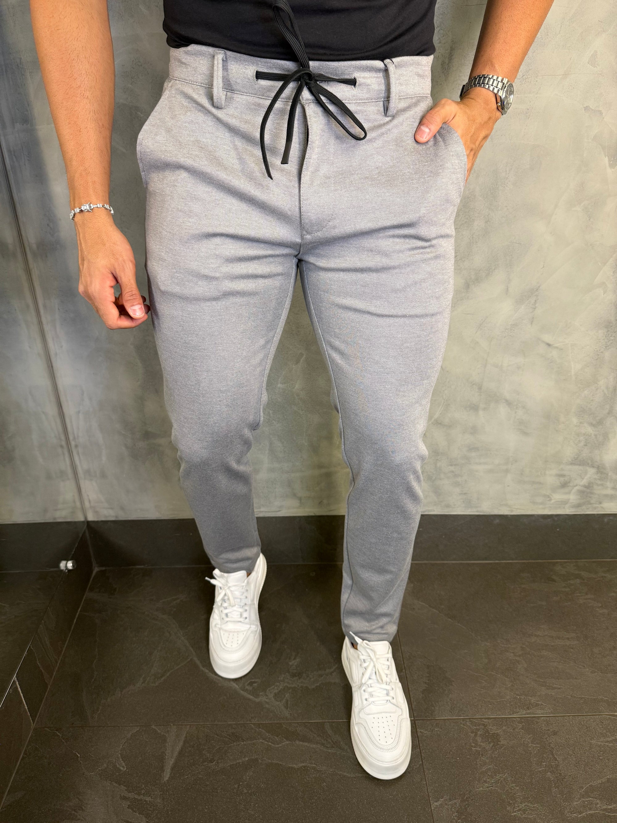 Calça Alfaiataria Skinny Malha Com Cadarço Ponto H Cinza