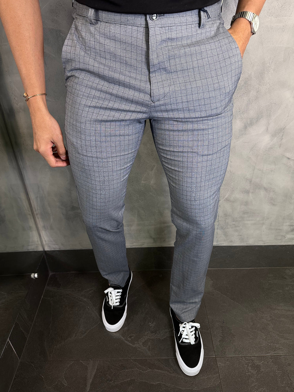 Calça Alfaiataria Slim Fivela Para Ajuste Mini Xadrez Barezy