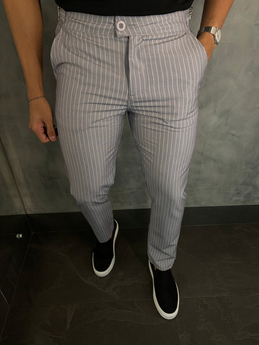 Calça Alf. Listrado Ponto H Cinza Cl