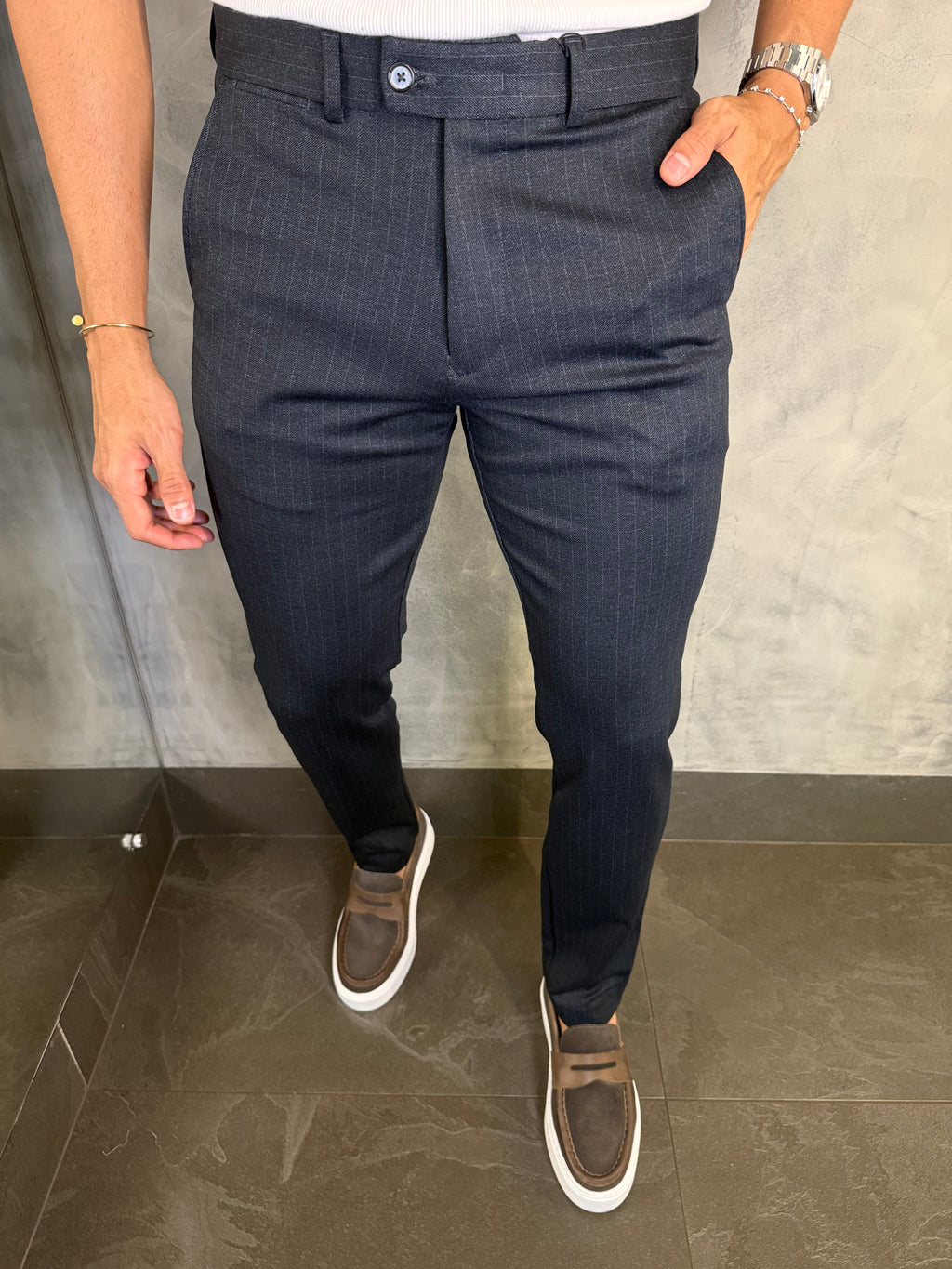 Calça Alf Malha Slim Risca De Giz Ponto H Marinho