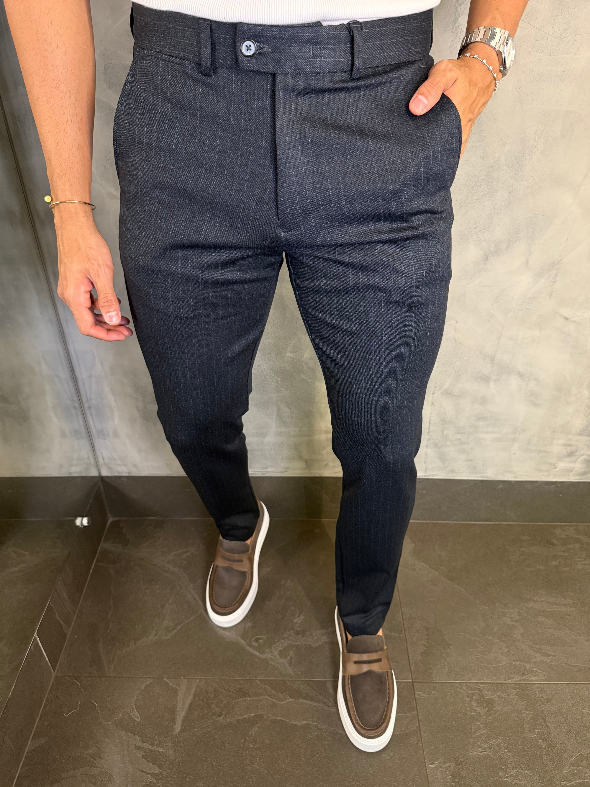 Calça Alf Malha Slim Risca De Giz Ponto H Marinho