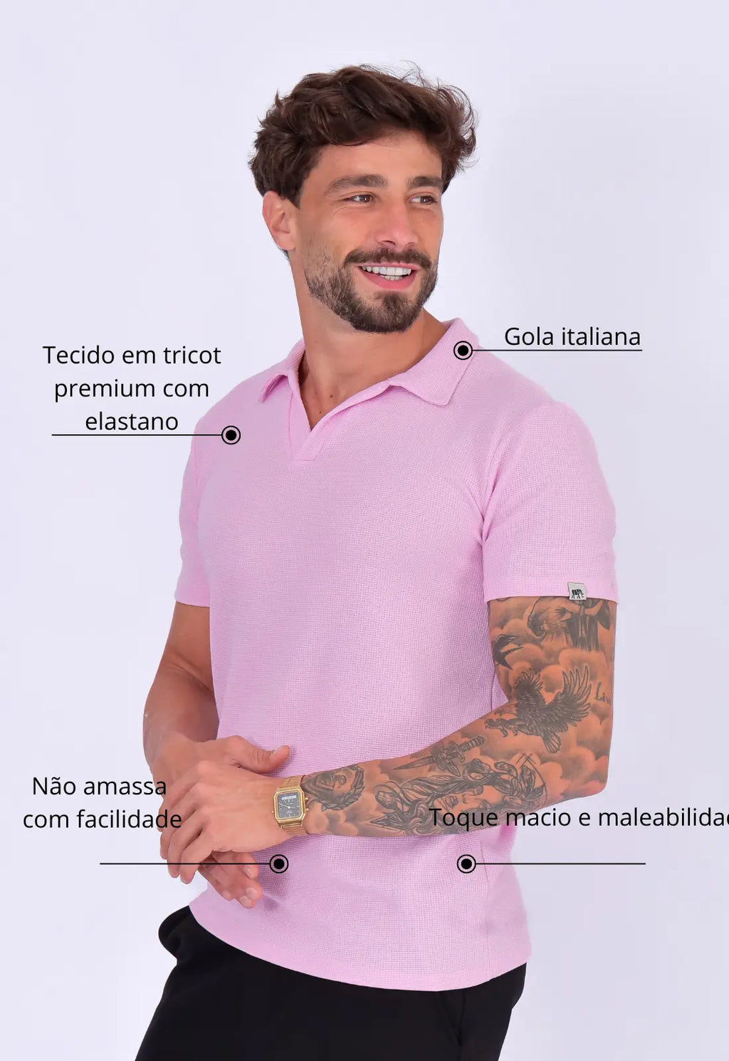 Camisa Polo Italiana Tricot Rosa Claro