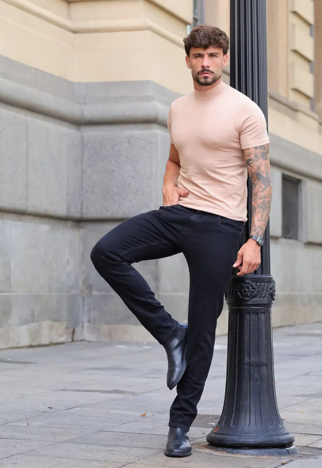 Camiseta Slim Gola Alta Bege