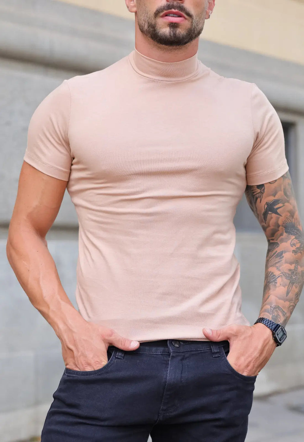 Camiseta Slim Gola Alta Bege