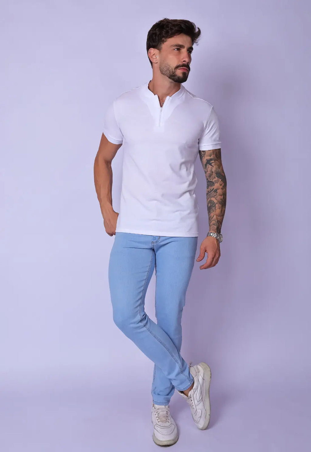 Camiseta Gola Padre Zíper Branca