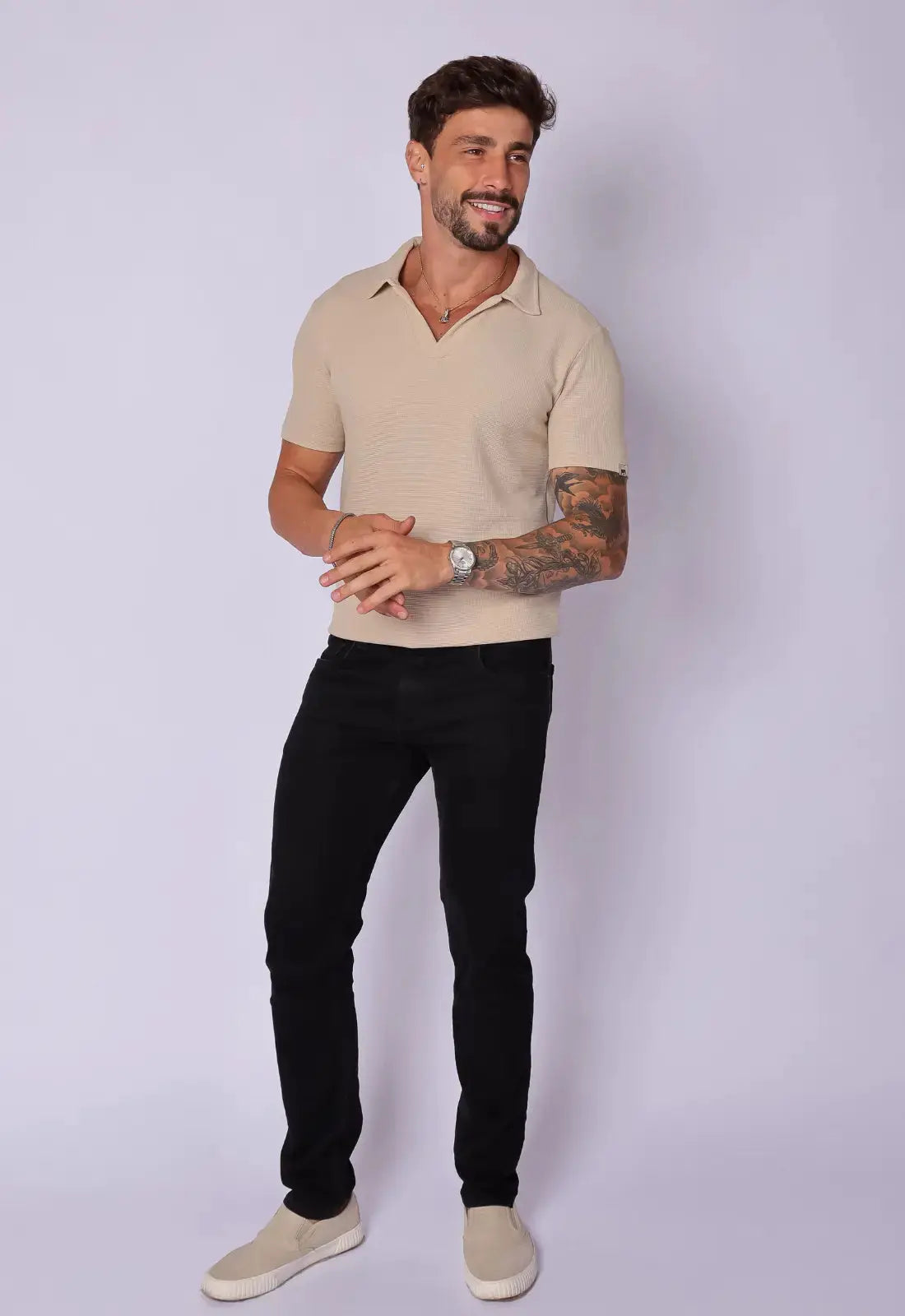 Camisa Polo Italiana Tricot Bege