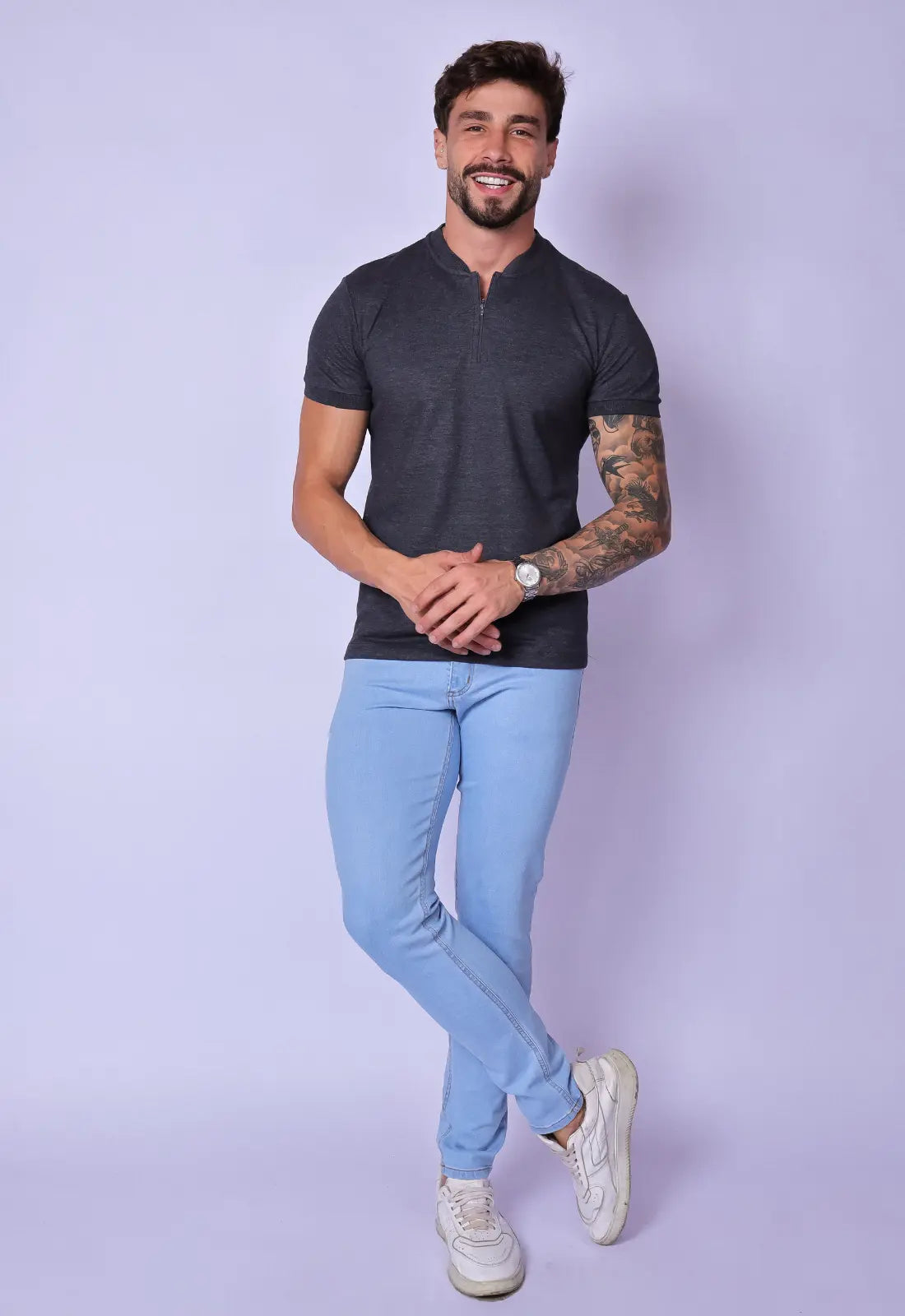 Camiseta Gola Padre Zíper Chumbo