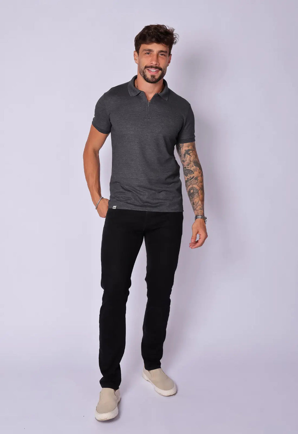 Camisa Polo Ziper Chumbo