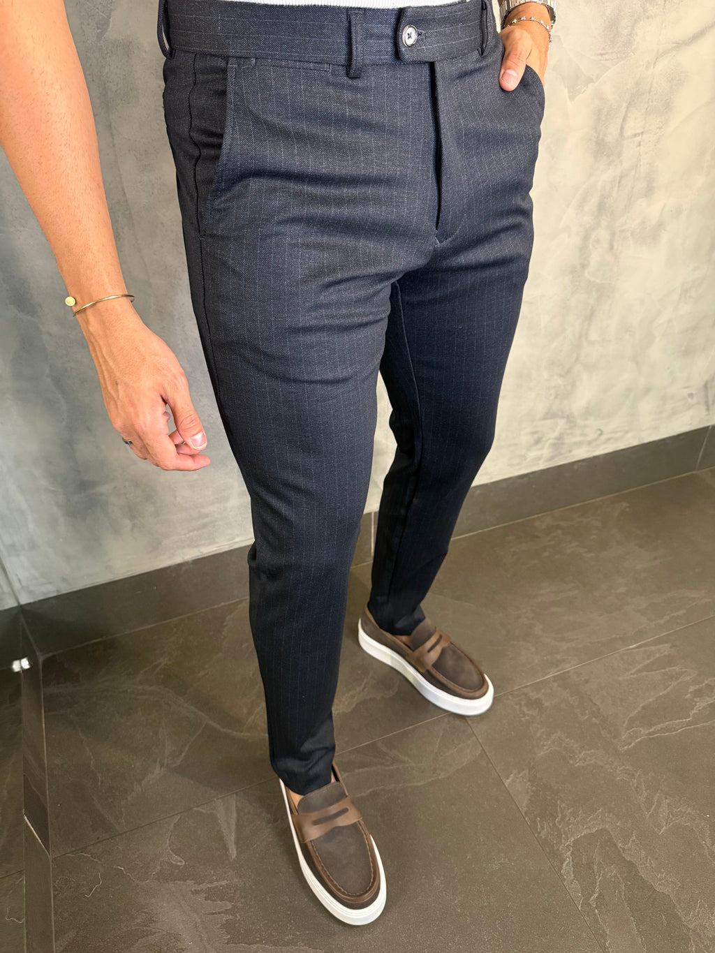 Calça Alf Malha Slim Risca De Giz Ponto H Marinho