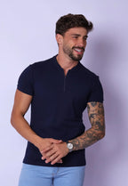 Camiseta Gola Padre Zíper Azul Marinho