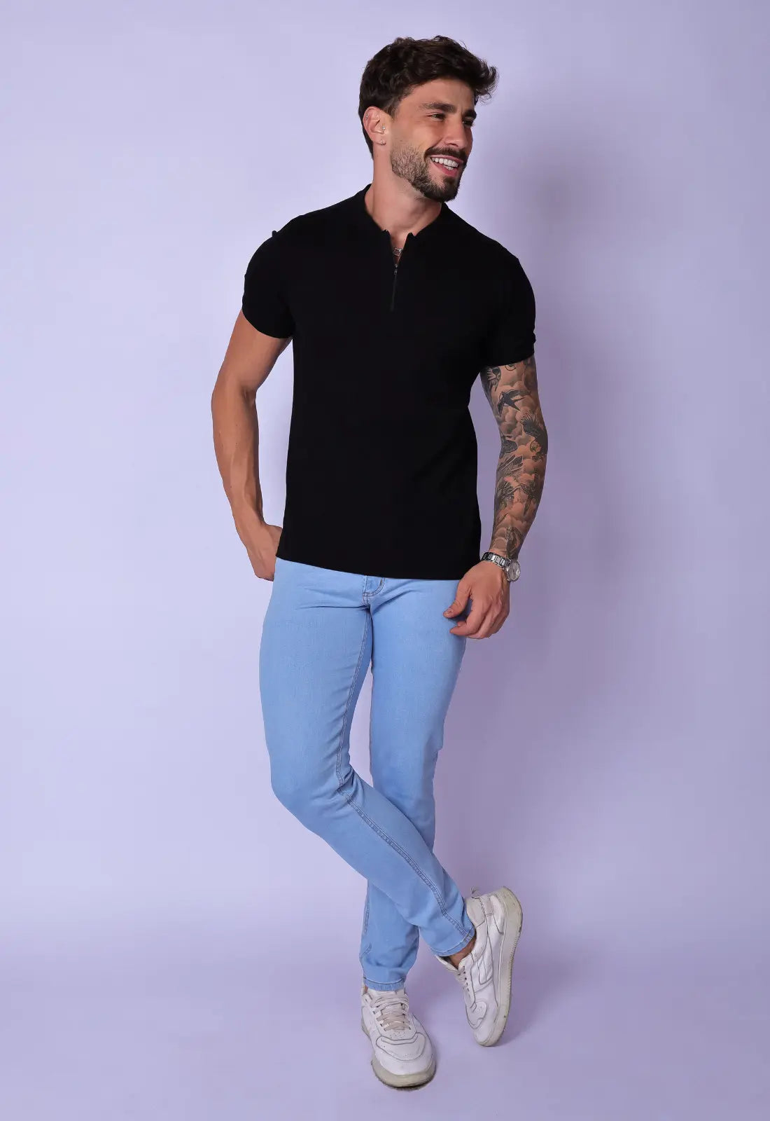 Camiseta Gola Padre Zíper Preta