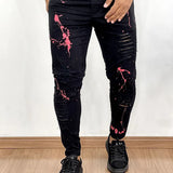 Calça Sarja Masculina Super Skinny Preta Destroyed Respingo Rosa