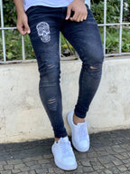 Calça Jeans Masculina Super Skinny Black Lavada Patch Caveira