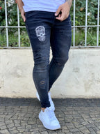 Calça Jeans Masculina Super Skinny Black Lavada Patch Caveira