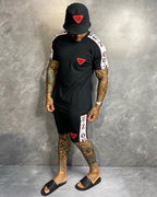 Conjunto Slim Camiseta E Shorts Preto Com Detalhes Branco